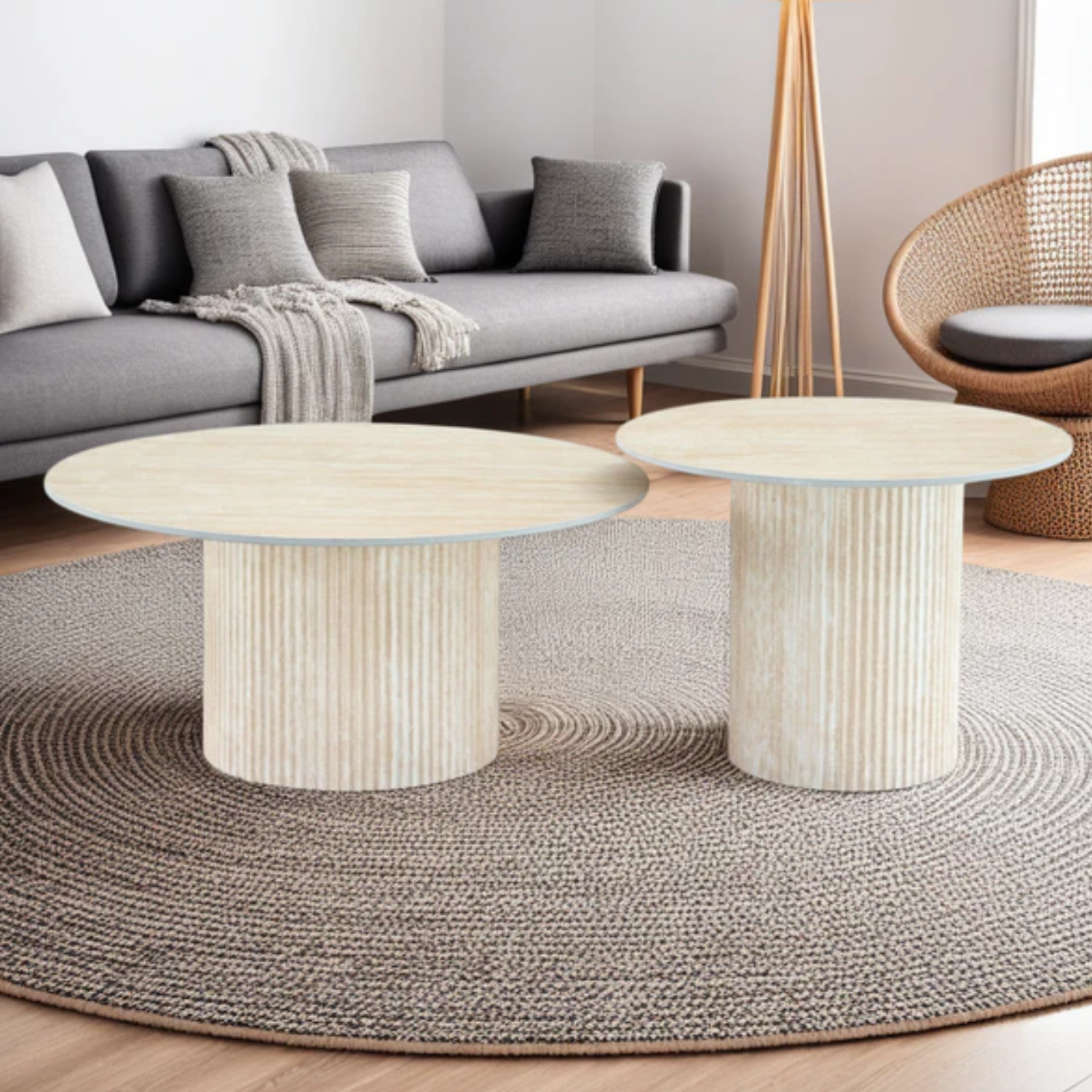 Table basse Plateau marbre en Céramique et Piètement Travertin