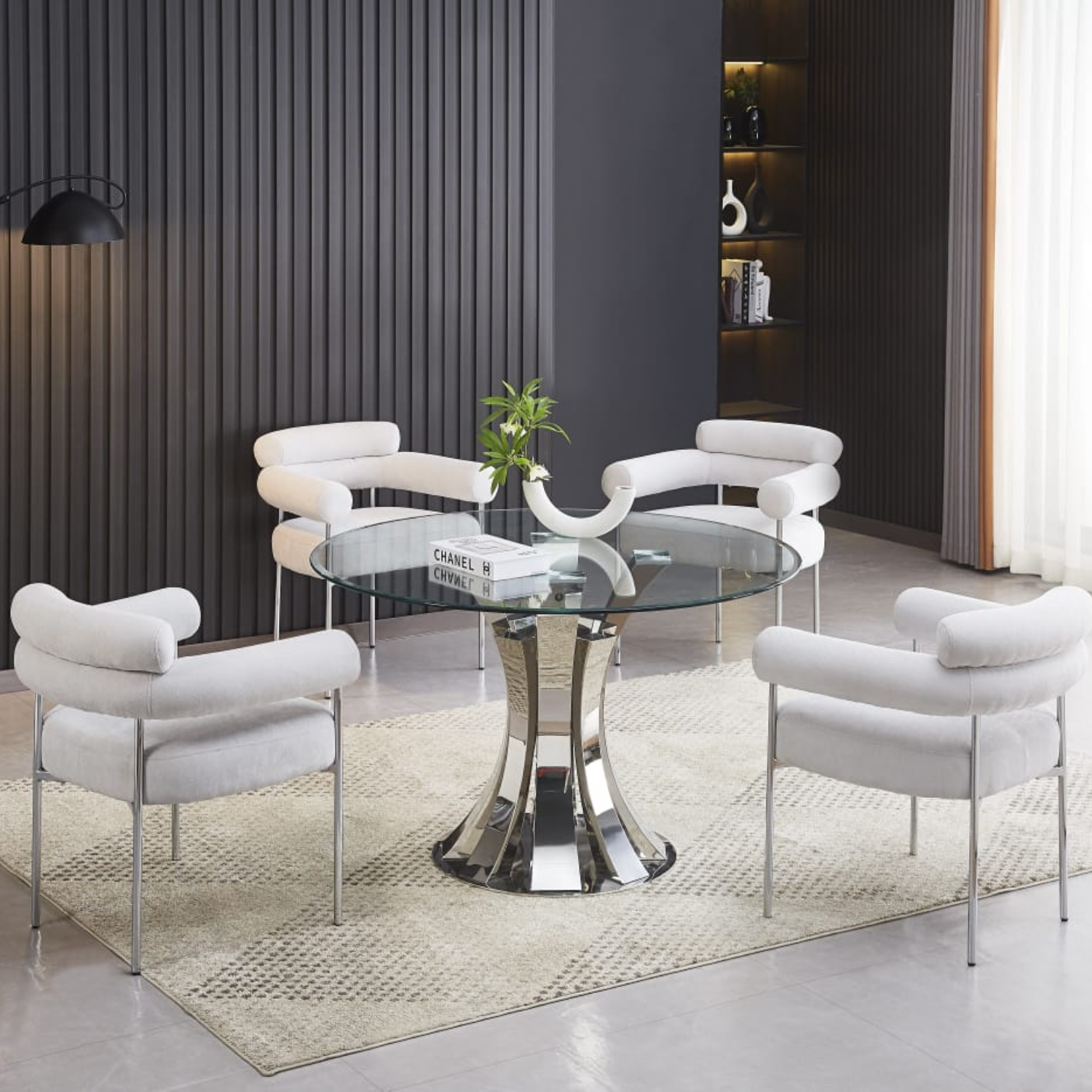 Chaise en  Tissu Bouclé Blanc Doudou ou Velours avec piétement métallique