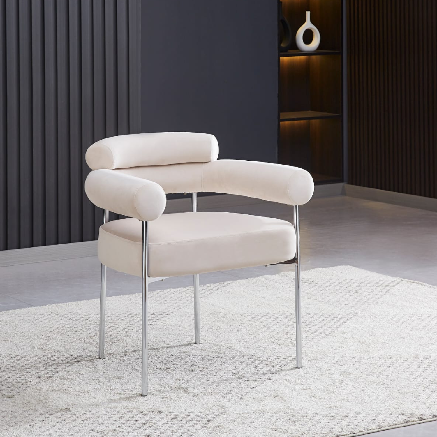 Ensemble de table à manger  Ronde en verre et 4 chaises en Velours Beige avec Pieds argenté