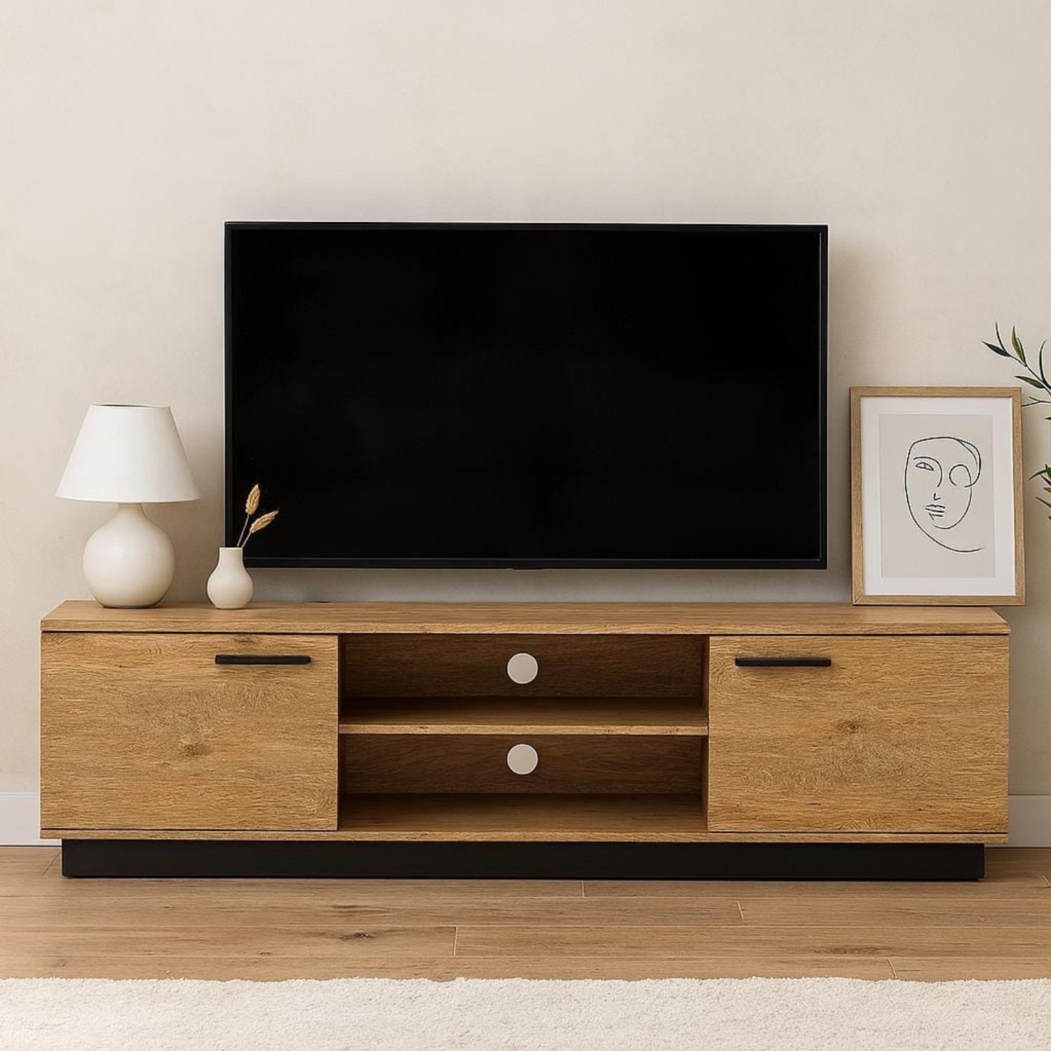 Meuble TV en Chêne Élégant avec Base Noire - Design Moderne et Résistance Supérieure