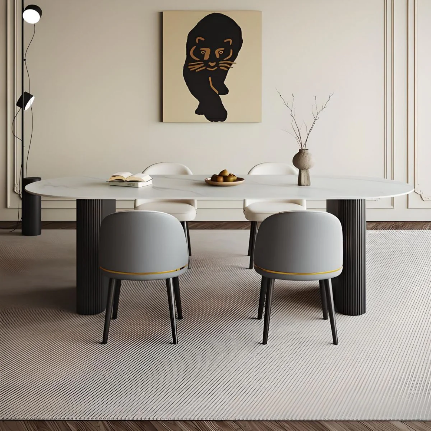 Table à manger avec plateau en céramique effet marbre blanc ou travertin mat, piètement en métal noir – 180 x 90 cm