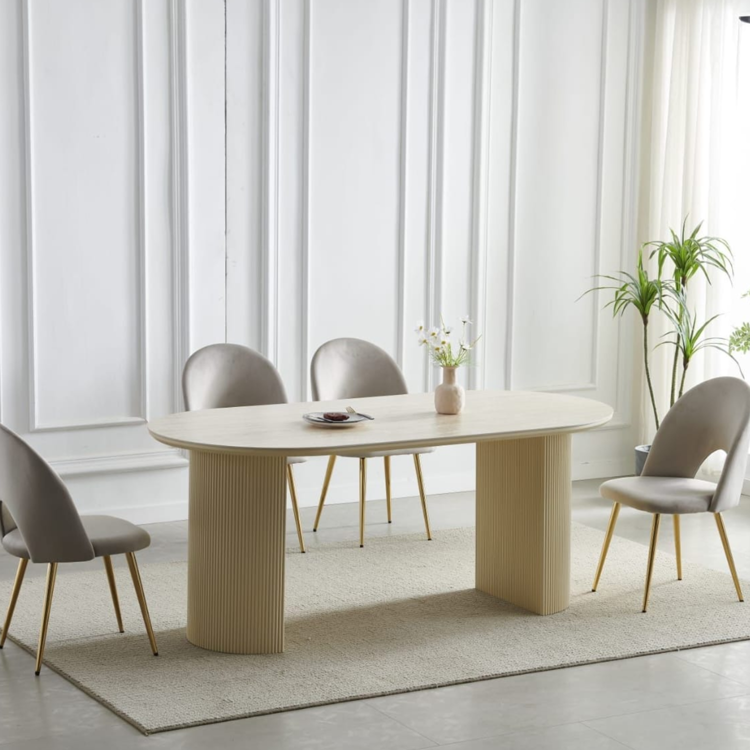 Table à manger – Céramique effet travertin & pieds bois strié - 180 cm