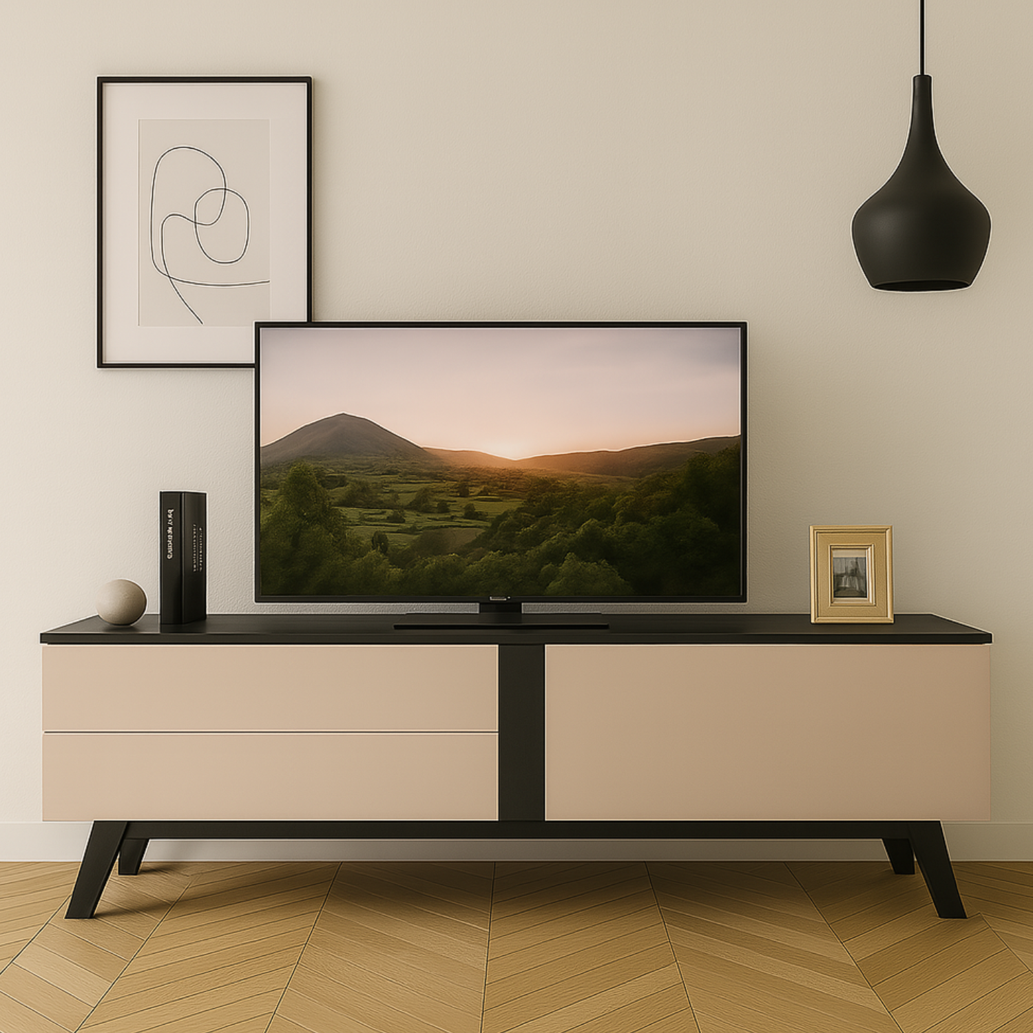 Meuble TV – Rangement Élégant avec Tiroirs à Extension Complète | Design Cachemire et Noir