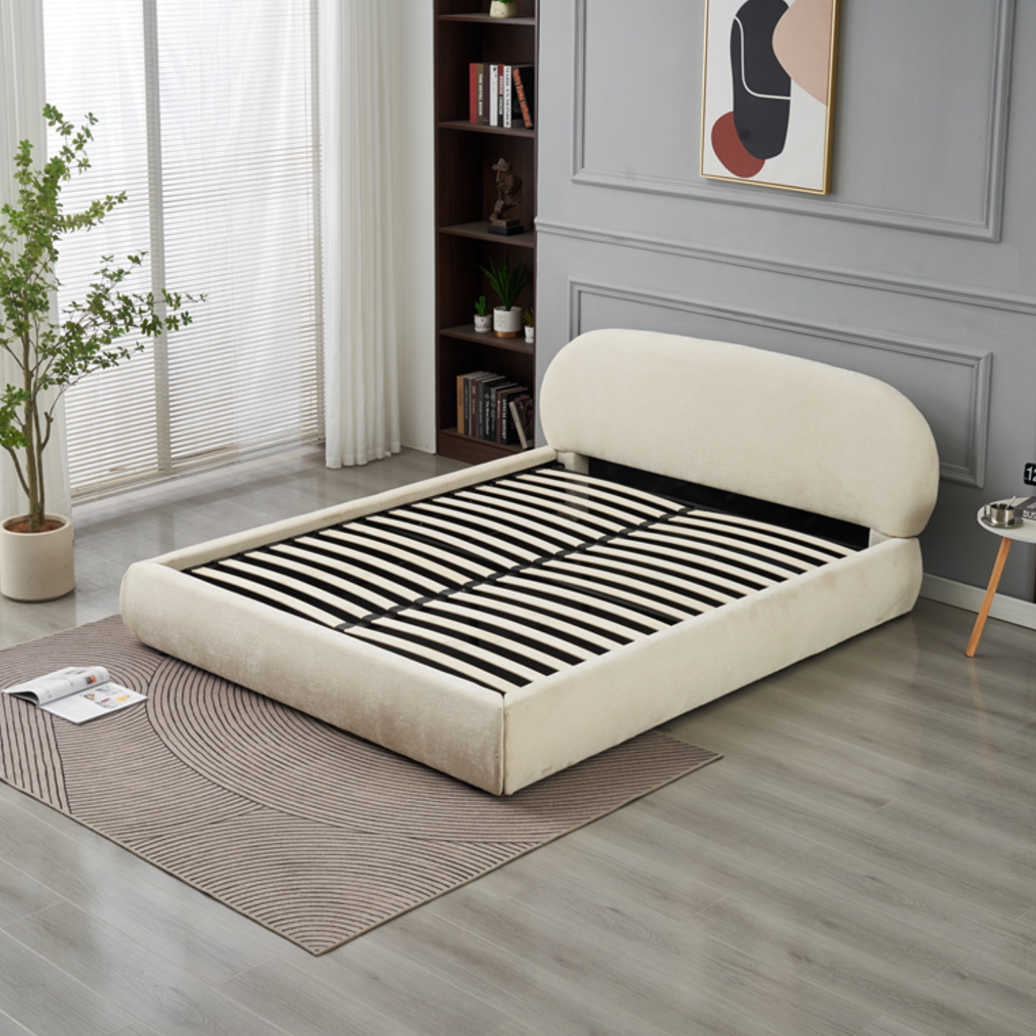 Lit coffre 2 places en Tissu chenille beige – Sommier à lattes avec rangement intégré– 140x190 & 160x200 cm