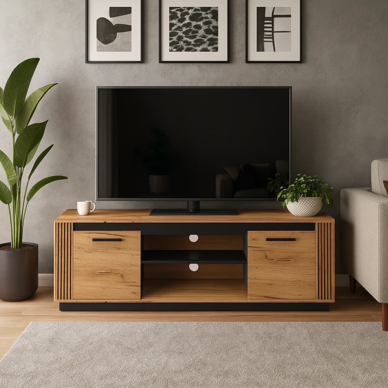 Meuble TV moderne – Chêne Craft Or et Noir – Résistant aux rayures et à l’humidité