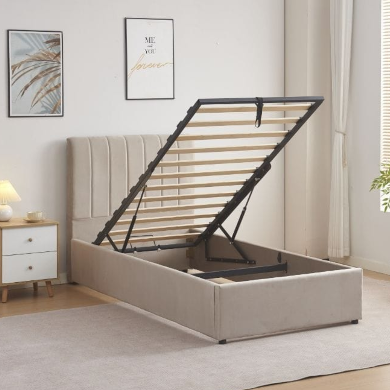 Lit coffre 1 place en velours – Gris, Taupe ou Rose – Compact et avec Rangement