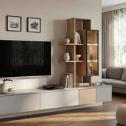 LEO wall unit 240 cm with a display cabinet and a shelf, grey and Cremona chêne