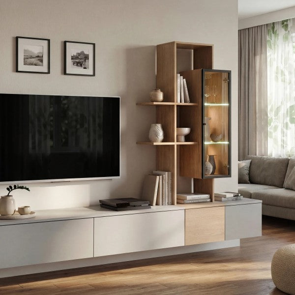 LEO wall unit 240 cm with a display cabinet and a shelf, grey and Cremona chêne