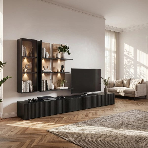 SOUL wall unit 300 cm with lighting, black and Vicking chêne