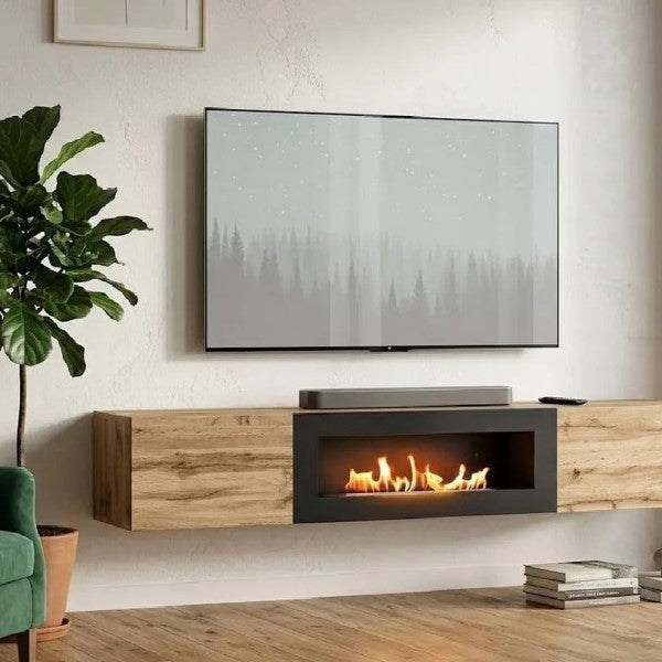 SWITCH wall hung TV unit avec cheminée bioéthanol, chêne Wotan