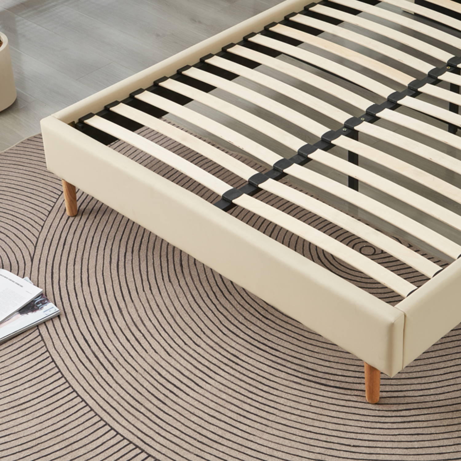 Lit Simple Pied Bois en Similicuir – Blanc, Beige, Noir, Gris – 90x190, 140x190, 160x200 cm