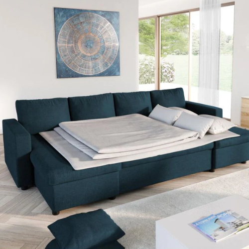 Canapé U panoramique convertible avec 2 coffres en tissu