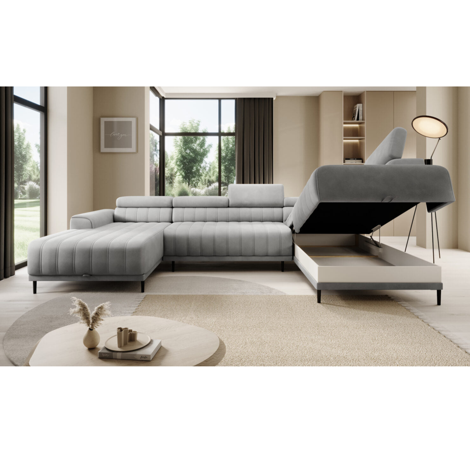 Canapé d’angle – Design moderne, appuis-tête réglables, lit d’appoint & coffre de rangement