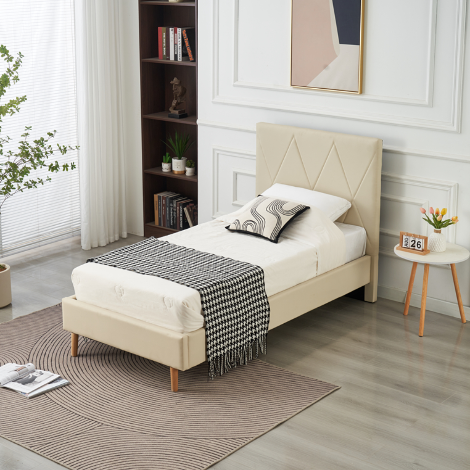 Lit Simple Pied Bois en Similicuir – Blanc, Beige, Noir, Gris – 90x190, 140x190, 160x200 cm