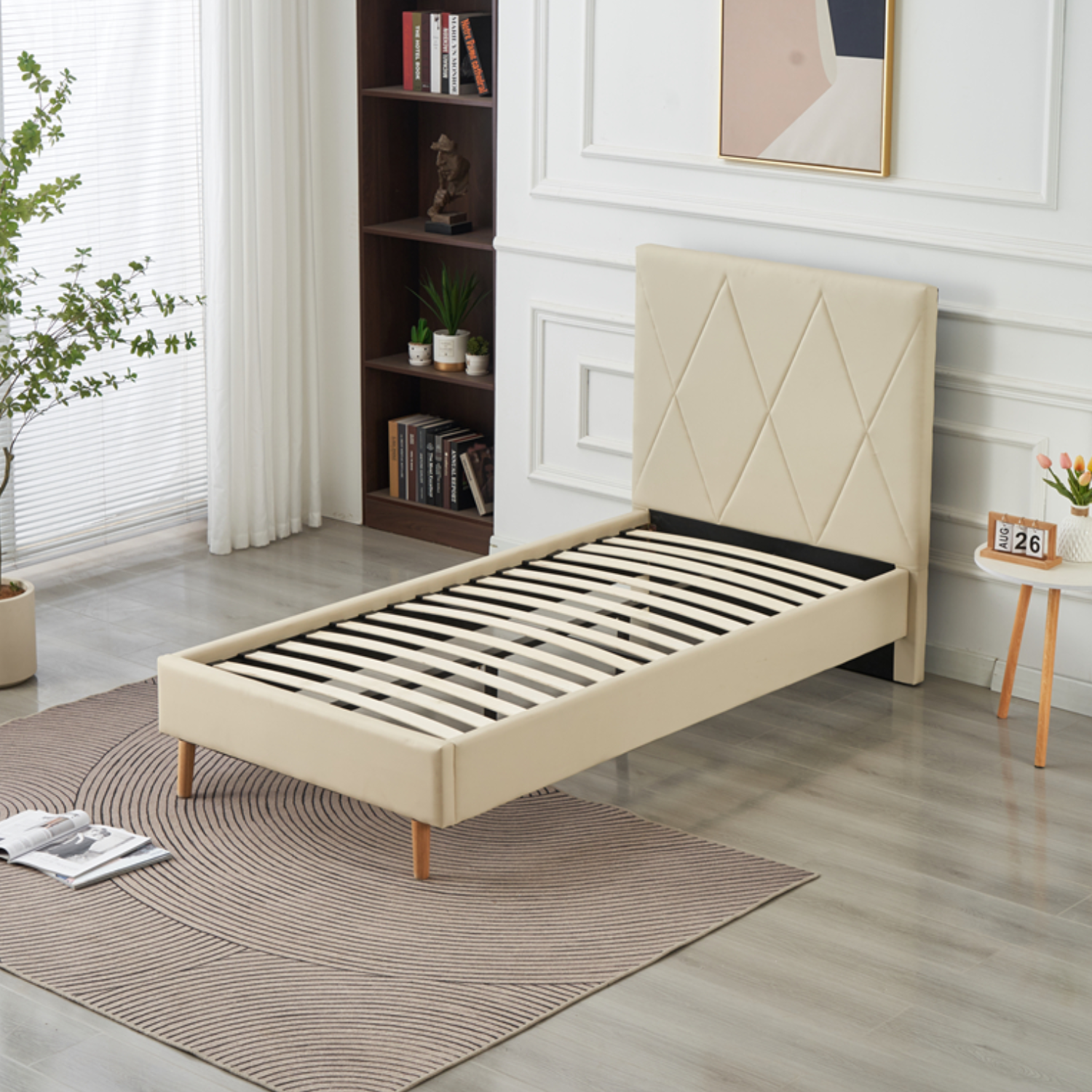 Lit Simple Pied Bois en Similicuir – Blanc, Beige, Noir, Gris – 90x190, 140x190, 160x200 cm