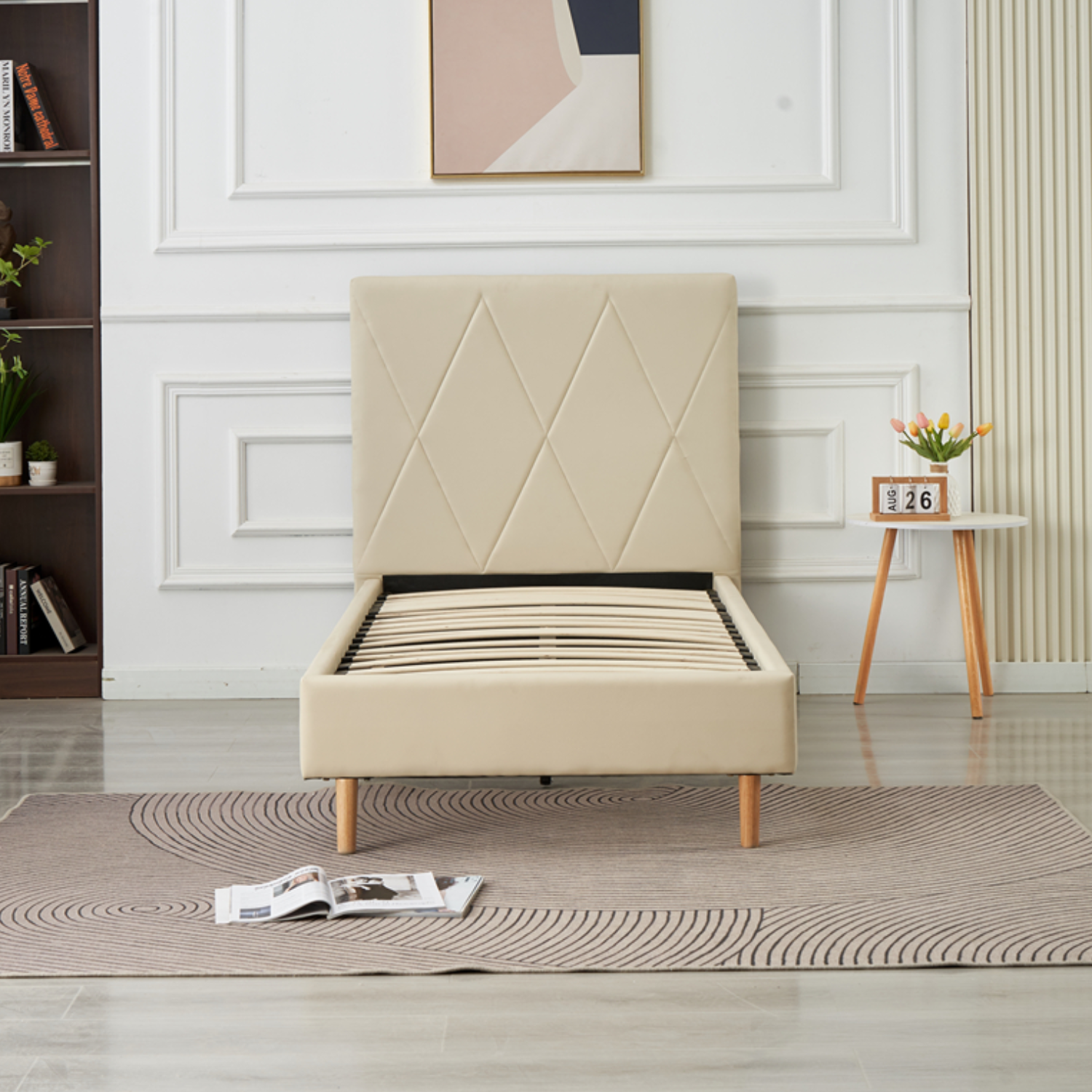 Lit Simple Pied Bois en Similicuir – Blanc, Beige, Noir, Gris – 90x190, 140x190, 160x200 cm