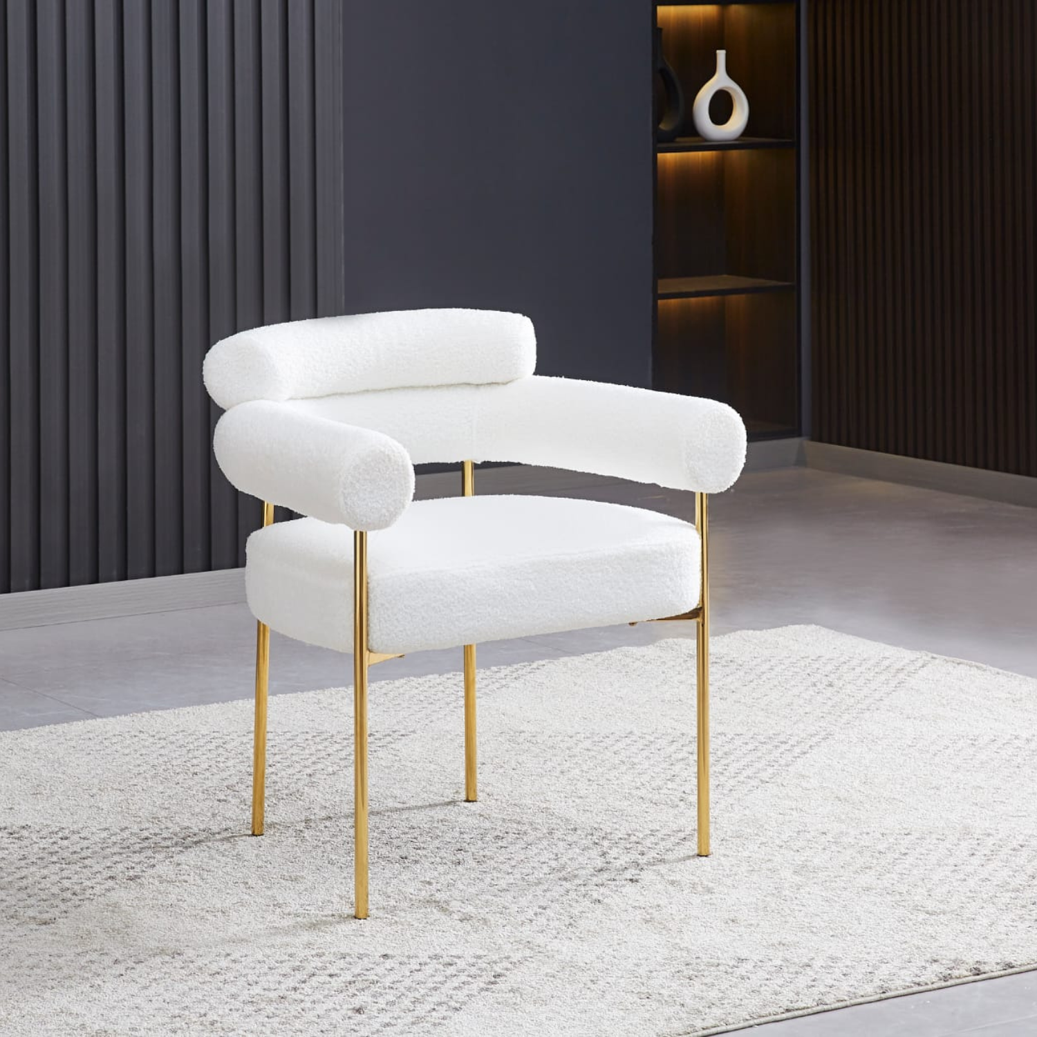 Chaise en  Tissu Bouclé Blanc Doudou ou Velours avec piétement métallique