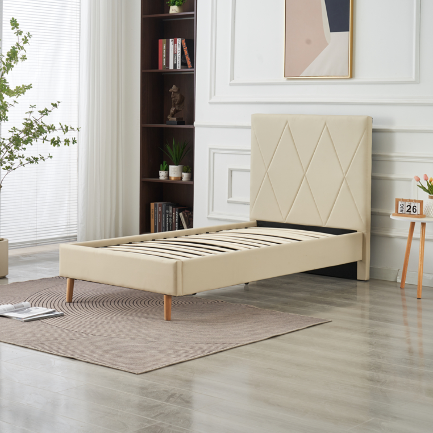 Lit Simple Pied Bois en Similicuir – Blanc, Beige, Noir, Gris – 90x190, 140x190, 160x200 cm