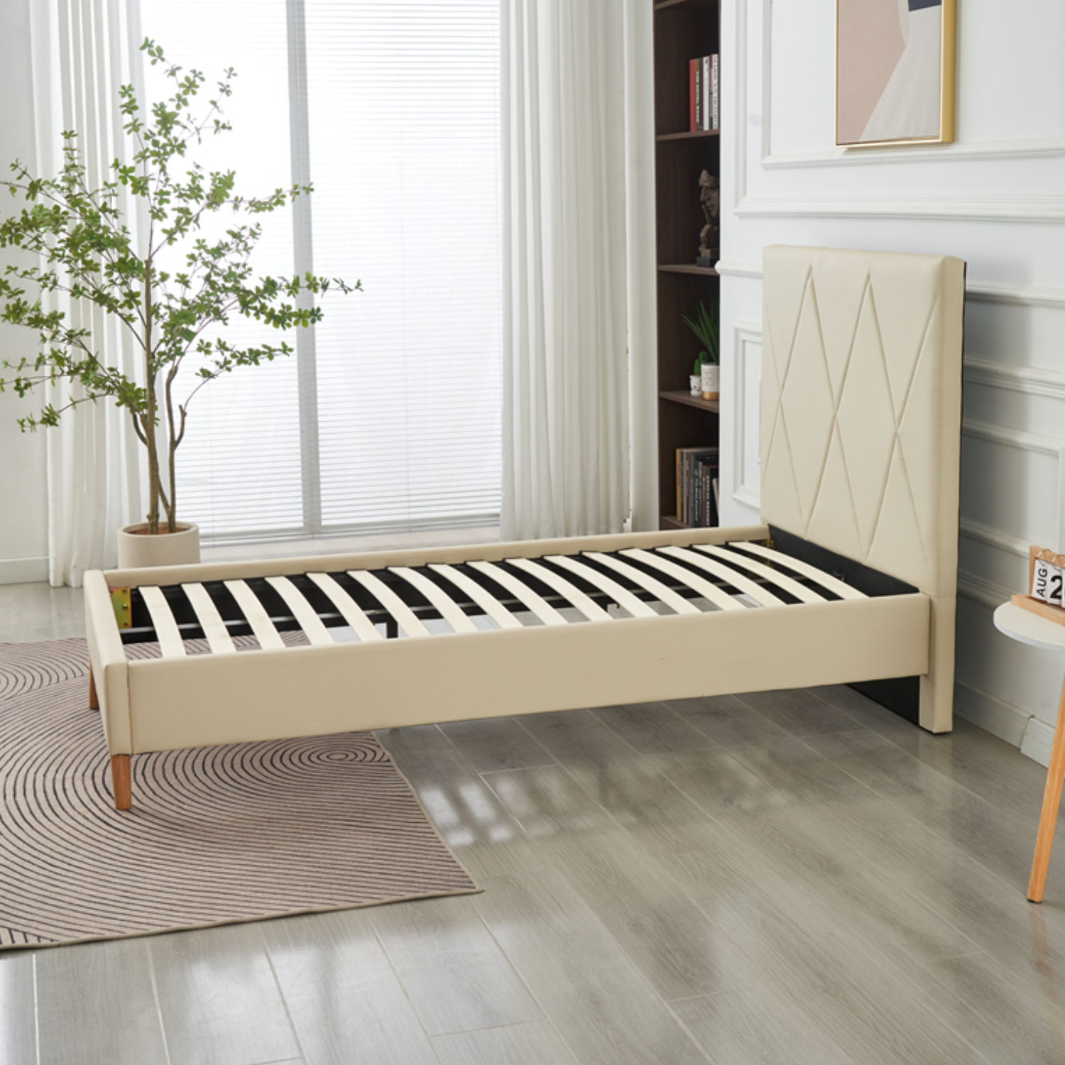 Lit Simple Pied Bois en Similicuir – Blanc, Beige, Noir, Gris – 90x190, 140x190, 160x200 cm