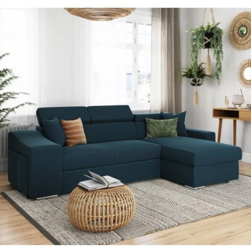 Canapé d'angle réversible, convertible avec coffre et 2 poufs en tissu