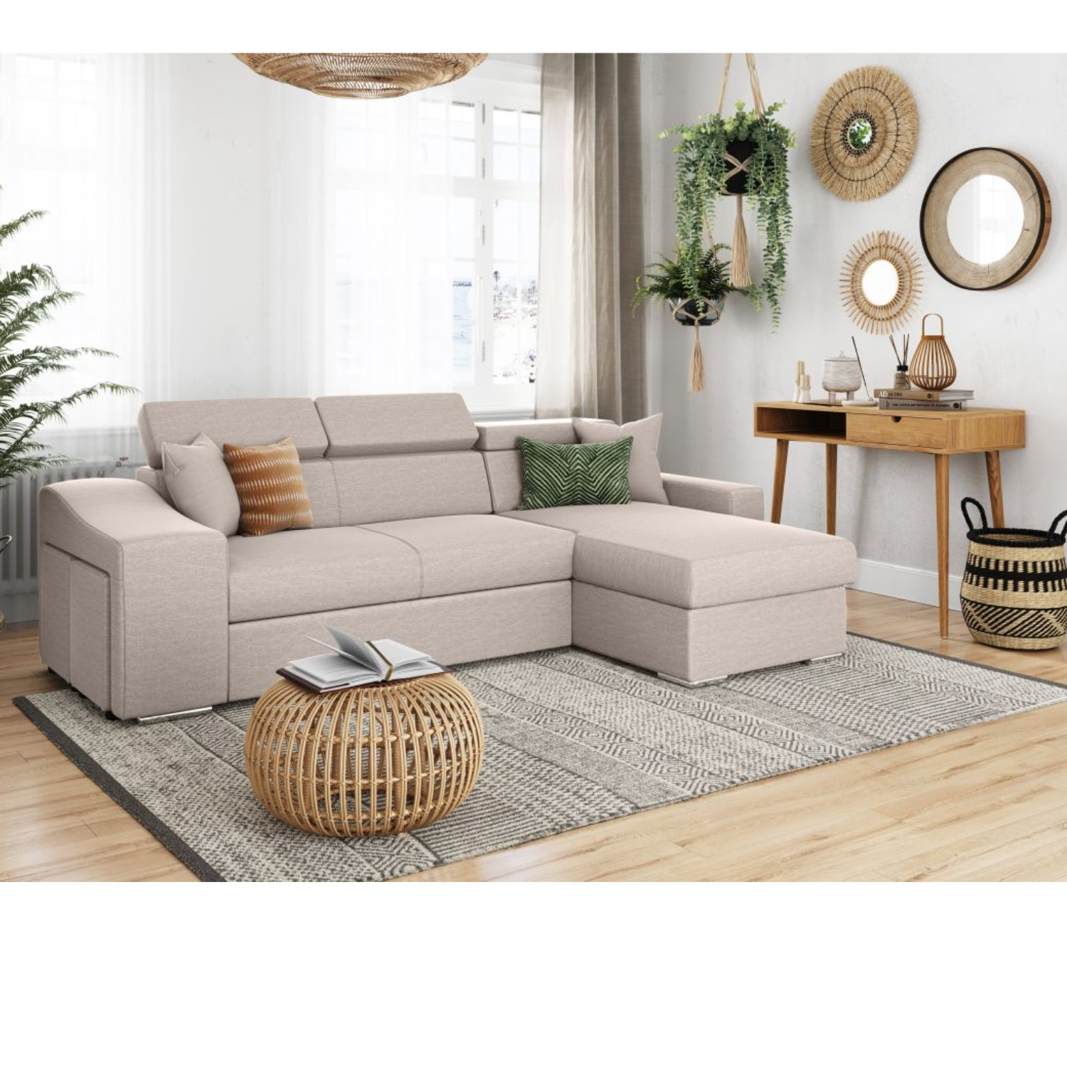 Canapé d'angle réversible, convertible avec coffre et 2 poufs en tissu