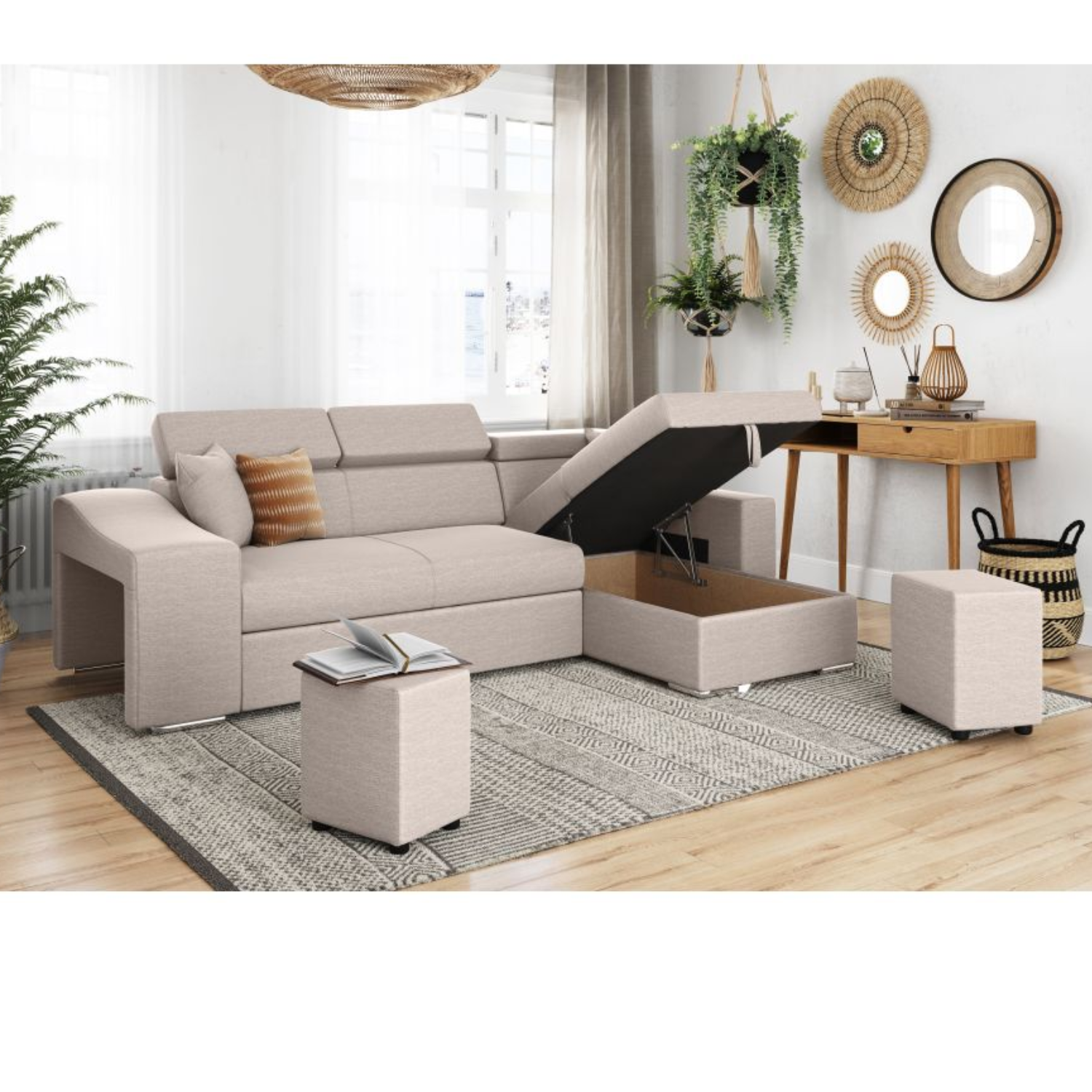Canapé d'angle réversible, convertible avec coffre et 2 poufs en tissu