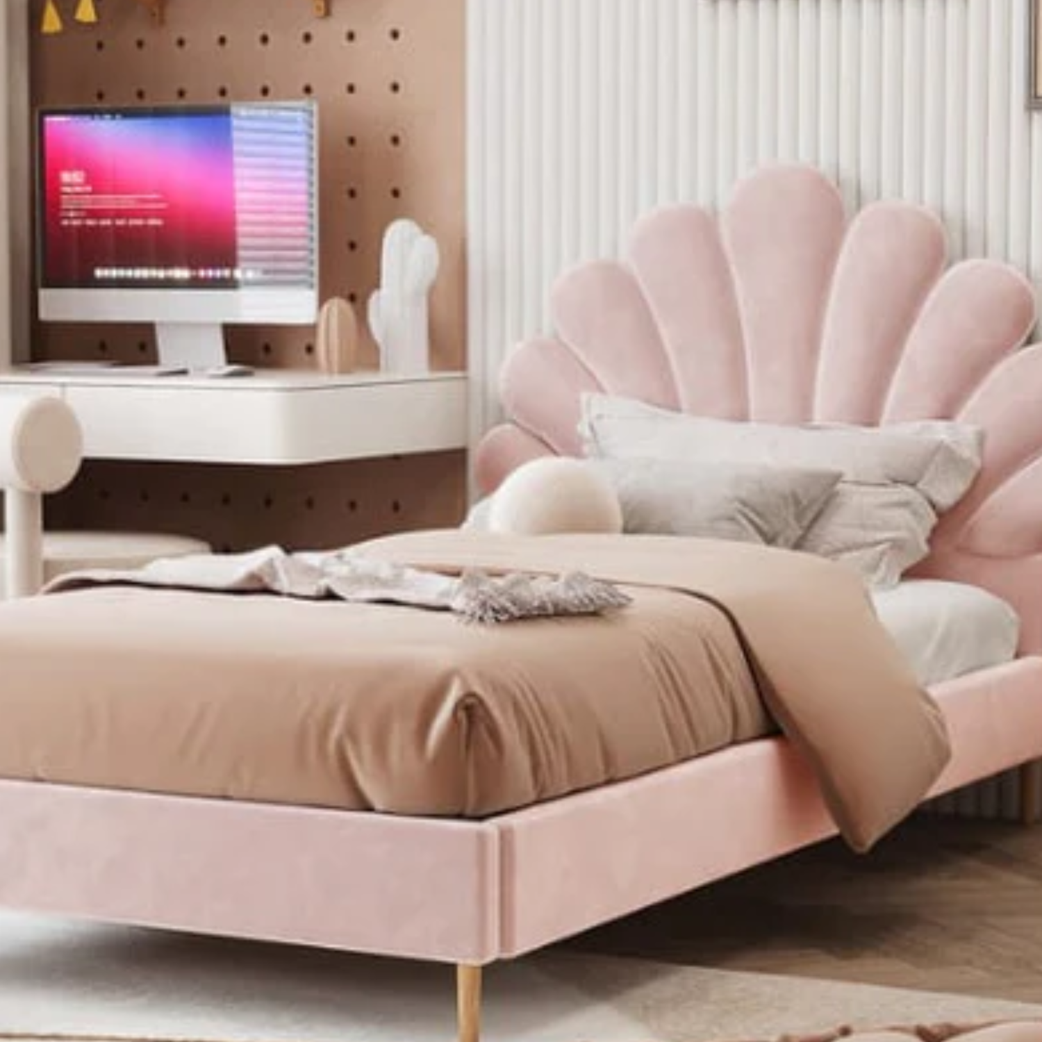 Lit Enfant Coquillage 90x190 cm en Velours Rose