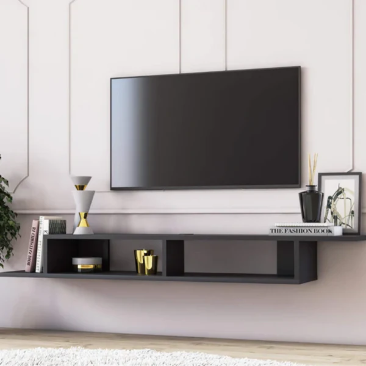 Meuble TV suspendu 130 cm – Noir élégant à 2 compartiments