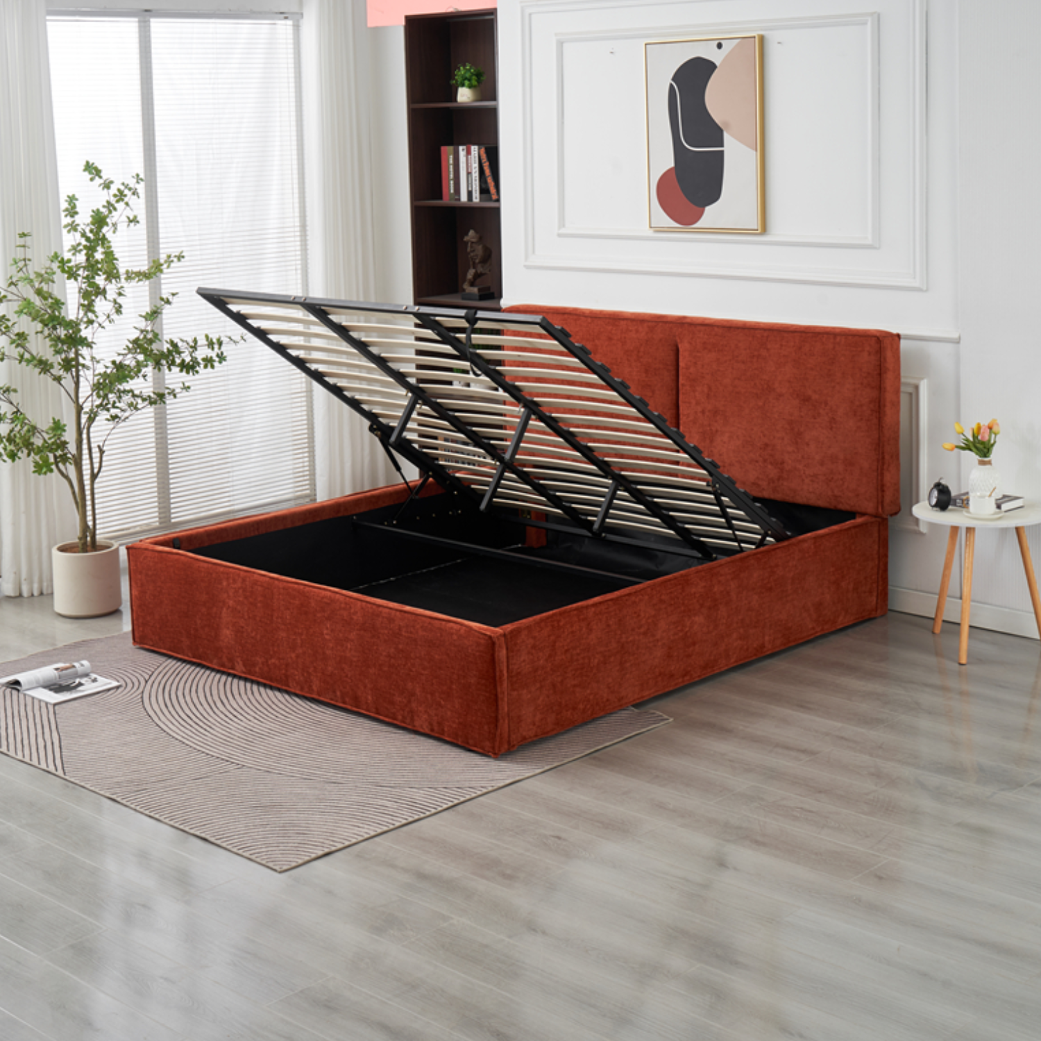 Lit coffre  en tissu chenille – avec sommier à lattes et rangement intégré (140x190, 160x200, 180x200)