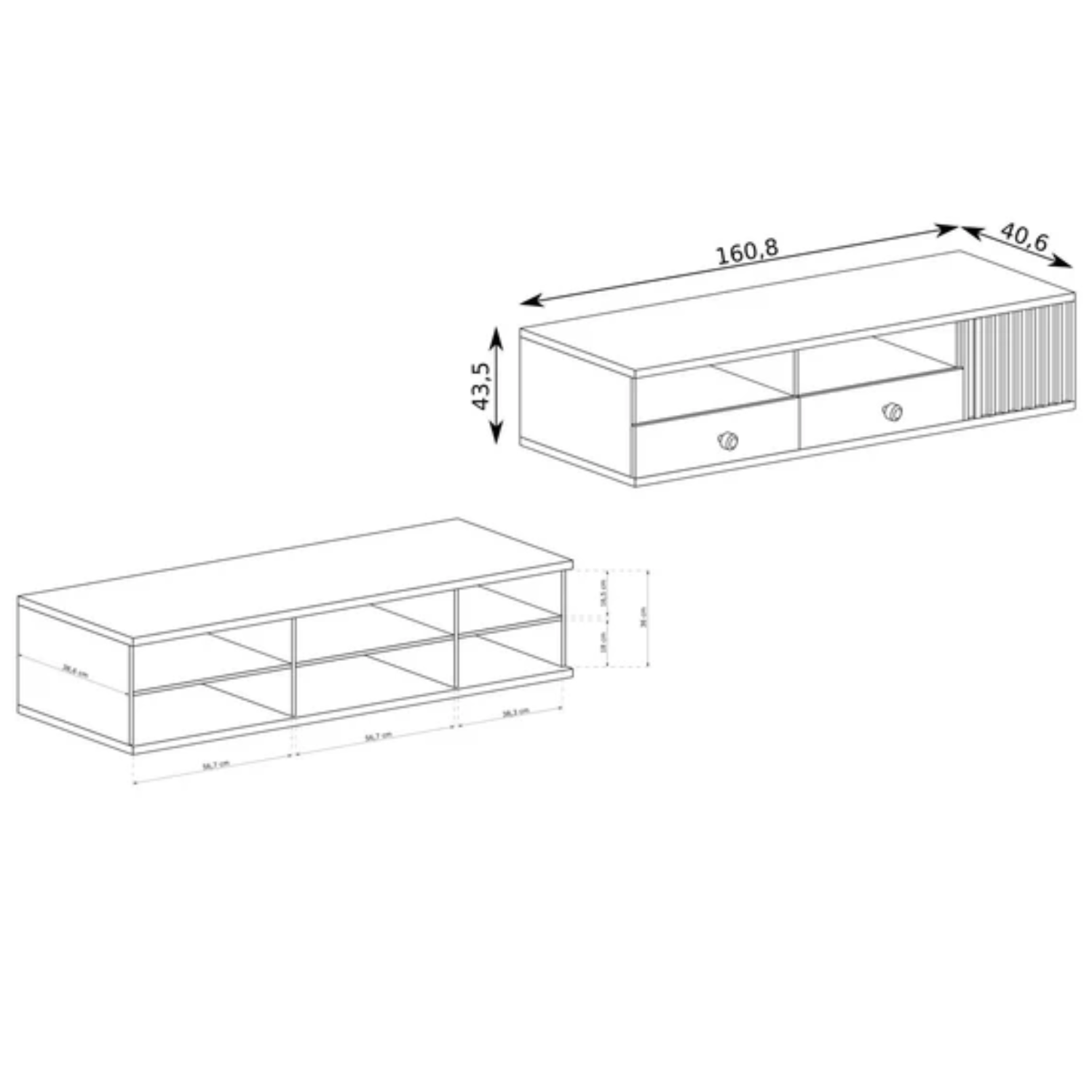 Meuble TV moderne 160 cm – Façade noire à lattes et corps bois Artisan – 2 tiroirs