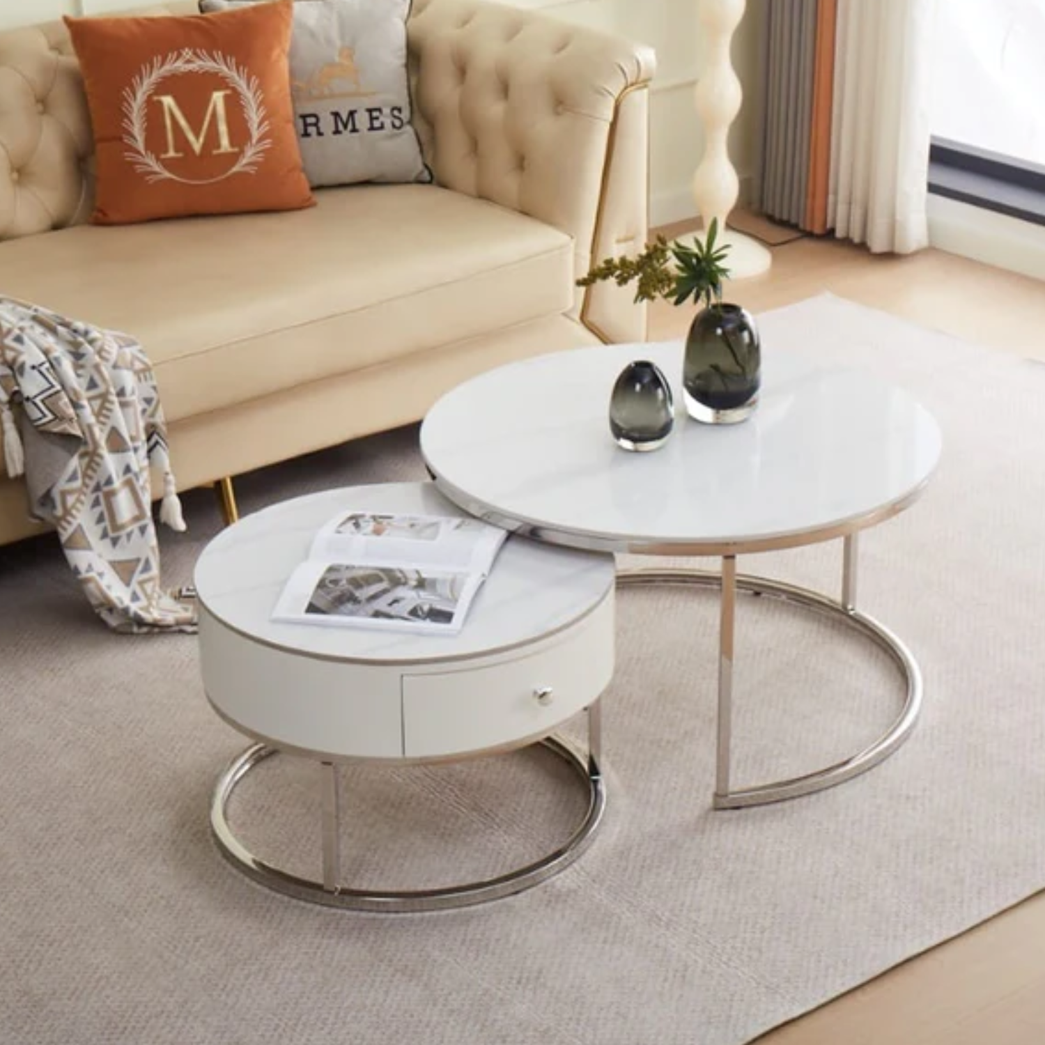 Table Basse Gigogne Céramique Marbre Blanc avec Piètement en acier inoxydable