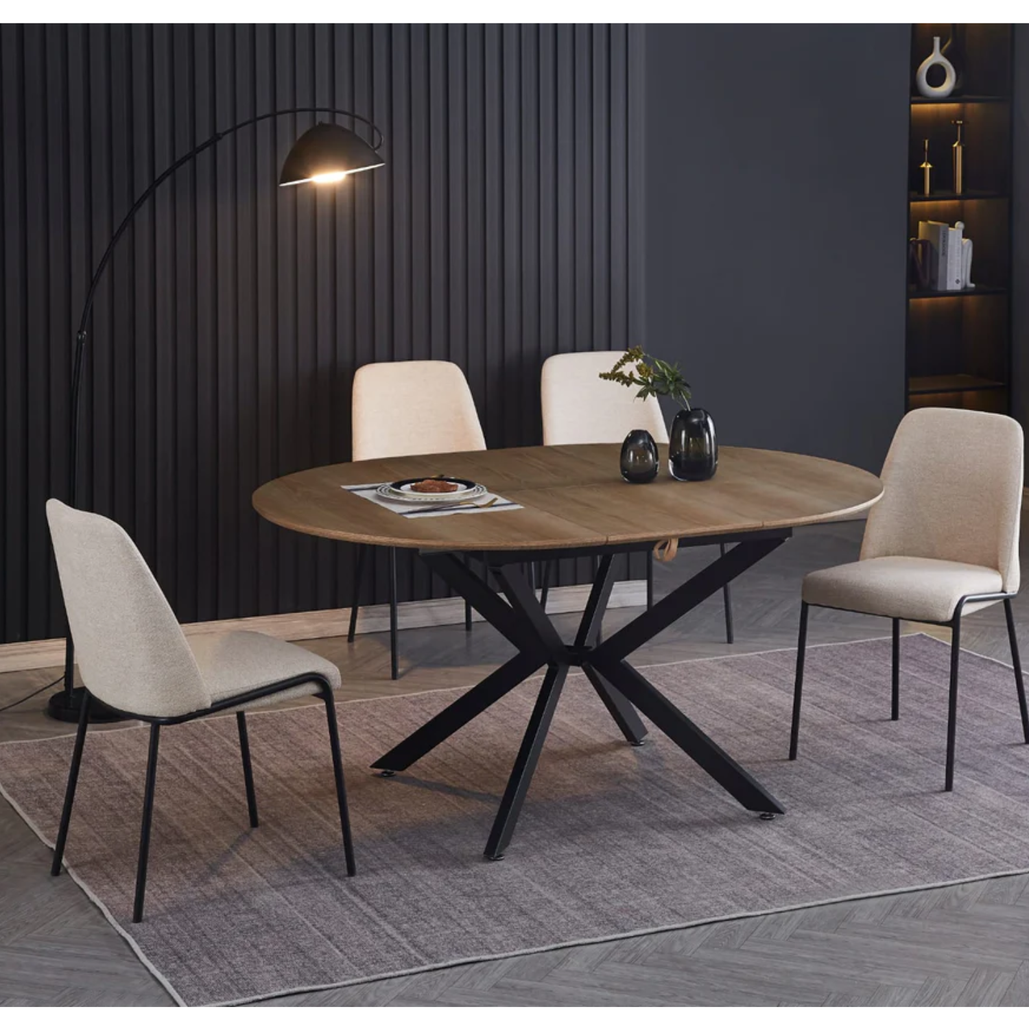Chaise en Tissu Effet Lin avec Pieds en Métal Noir