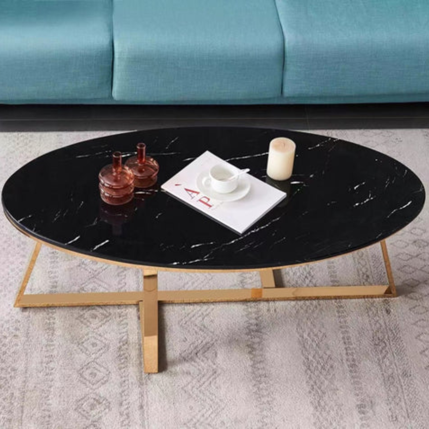 Table Basse ovale véritable Marbre structure métal 120x60×45 Cm