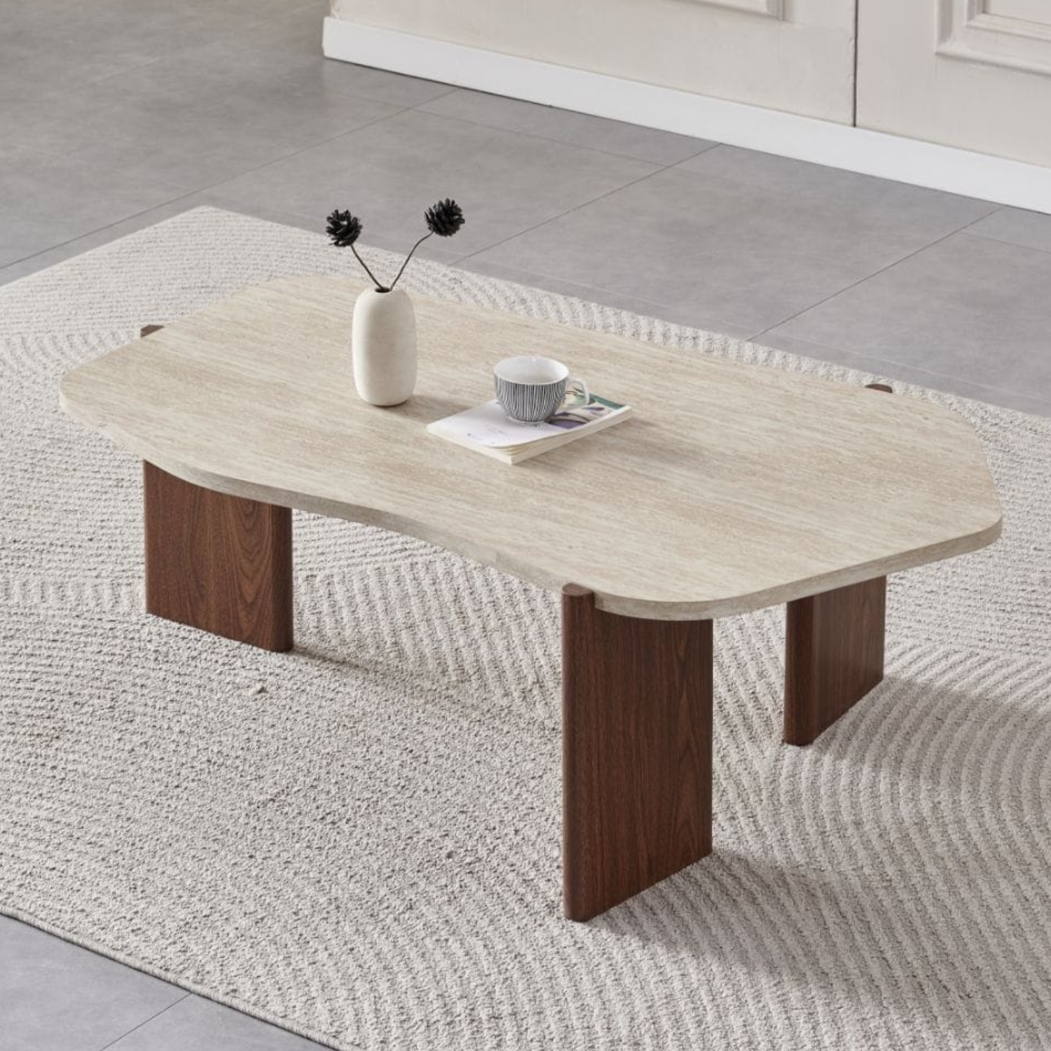 TABLE BASSE EFFET TRAVERTIN PIED NOYER - 120 Cm