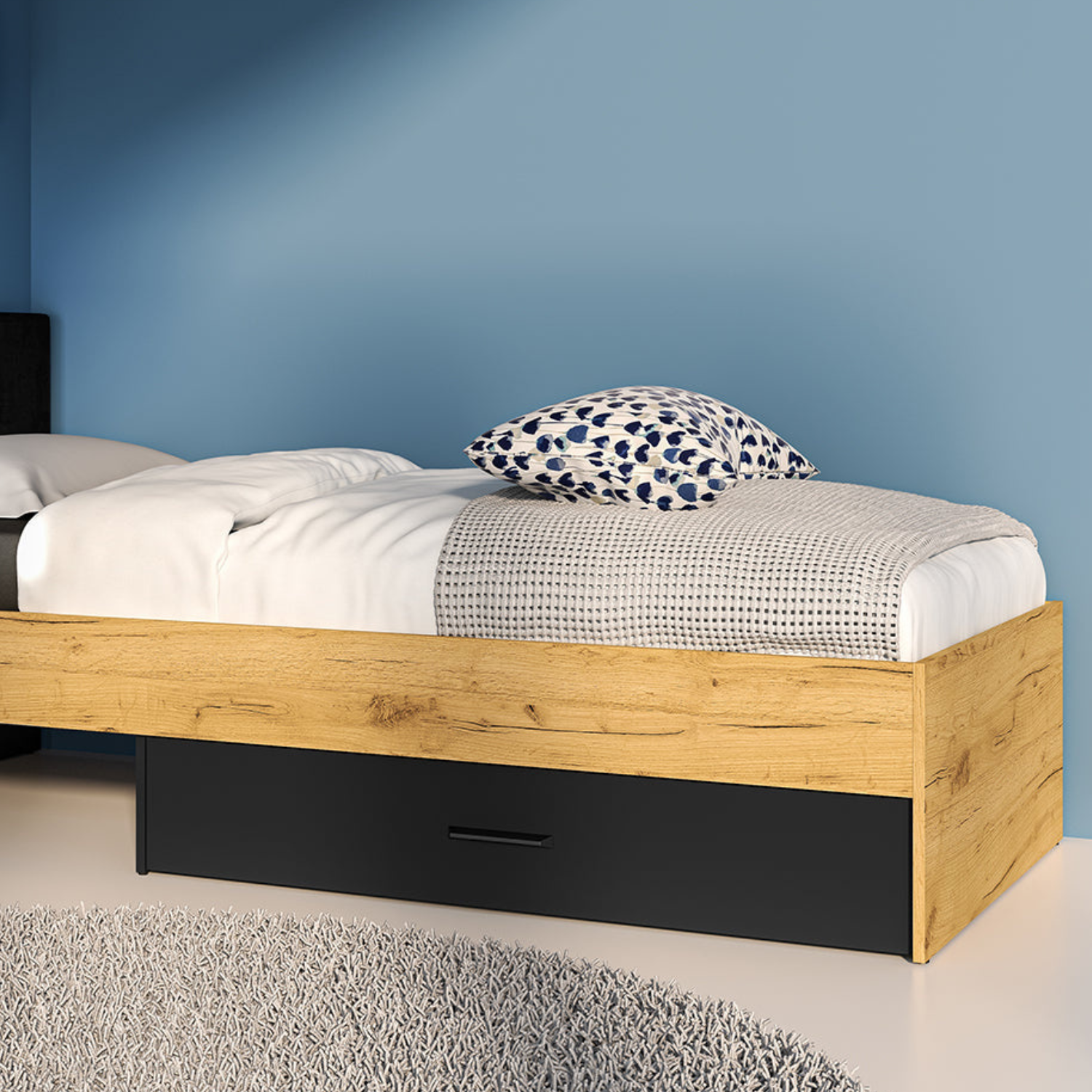 Lit en Chêne Craft Or et Noir avec Tête de Lit en Velours Noir – Design Moderne et Résistant