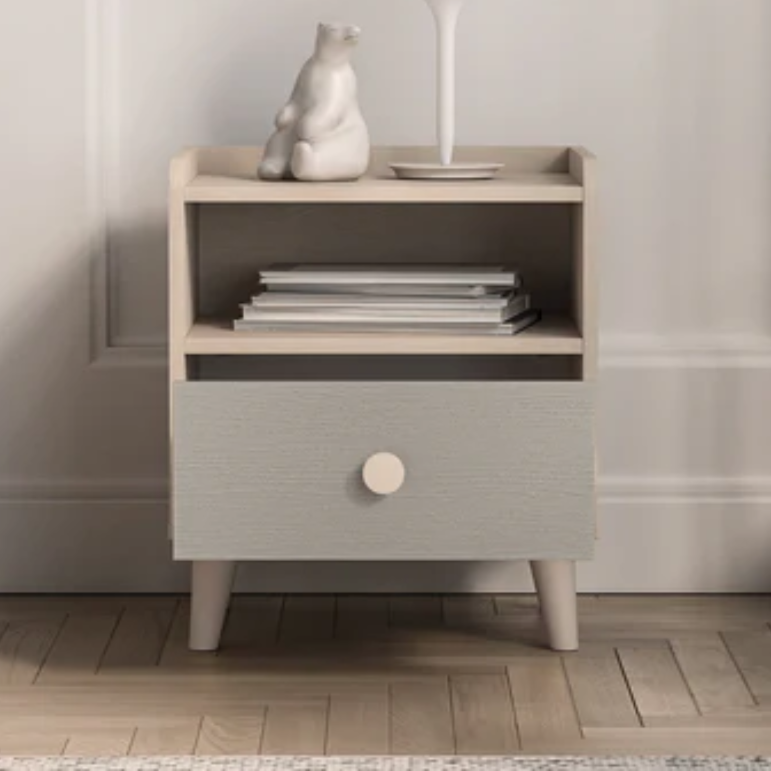 Table de chevet pour enfant en rose millénaire et sable du désert, avec bordure en ABS résistante aux chocs et à l'humidité