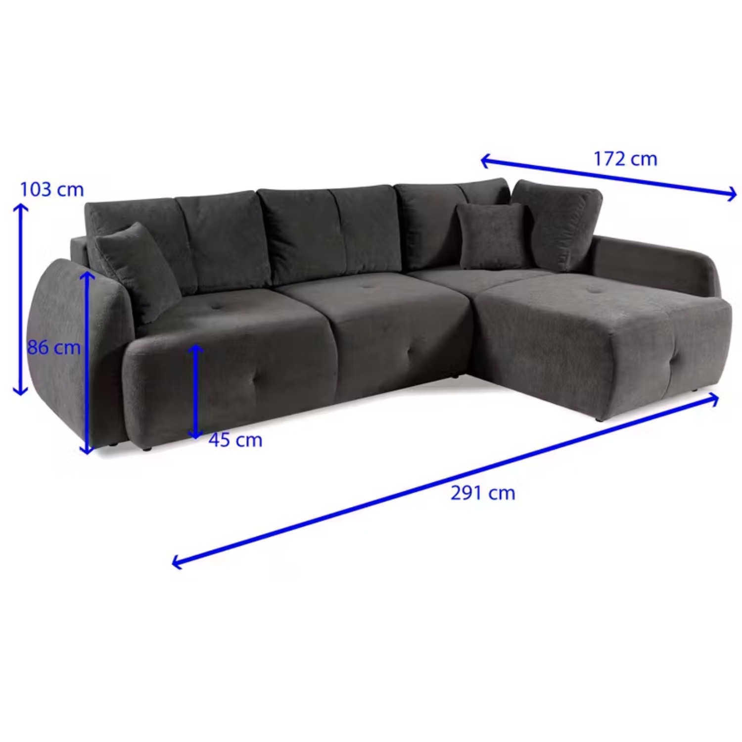 Canapé d’angle extensible avec rangement – 291 cm – Côté droit – Gris