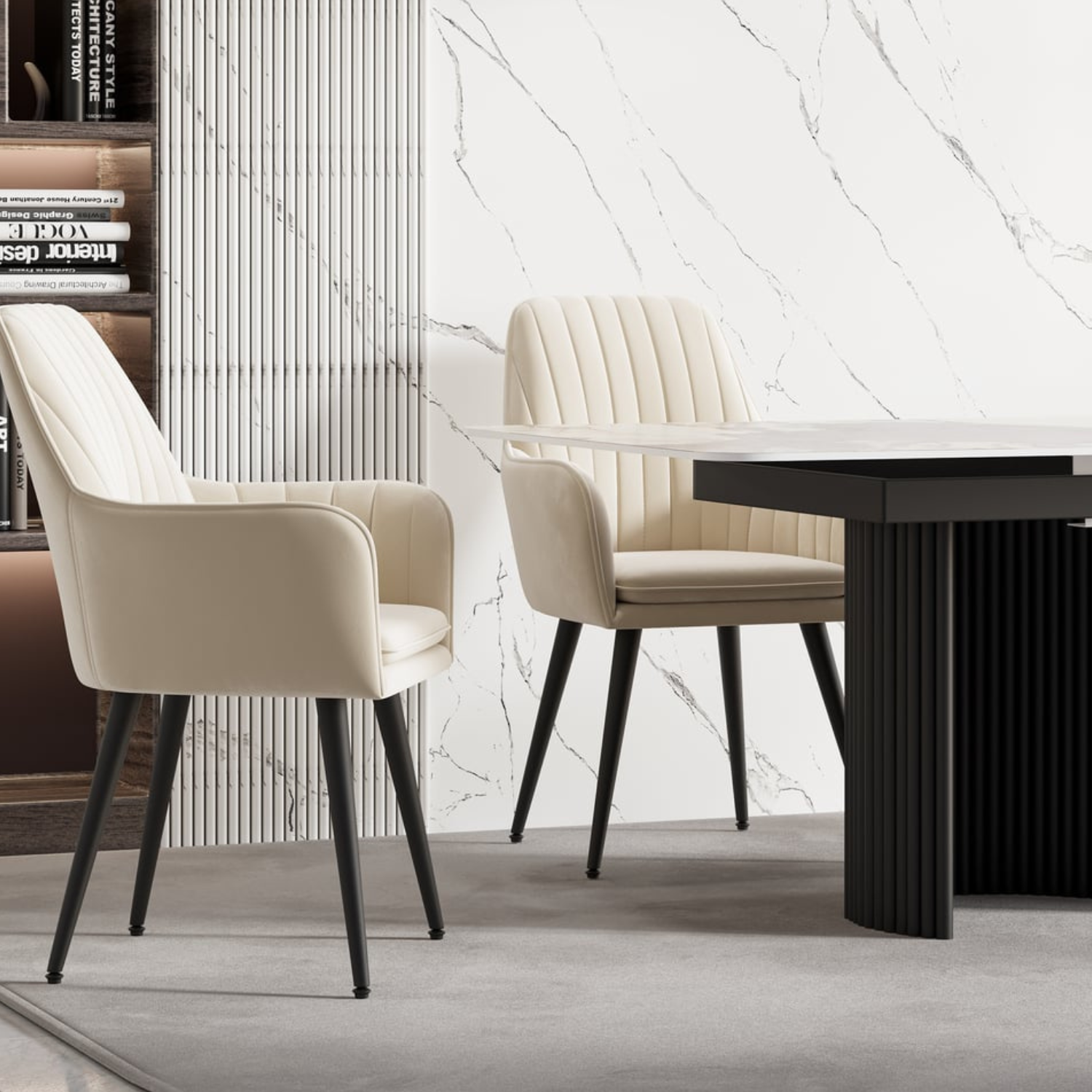 Chaise en similicuir doudou ou  velours avec piètement en acier