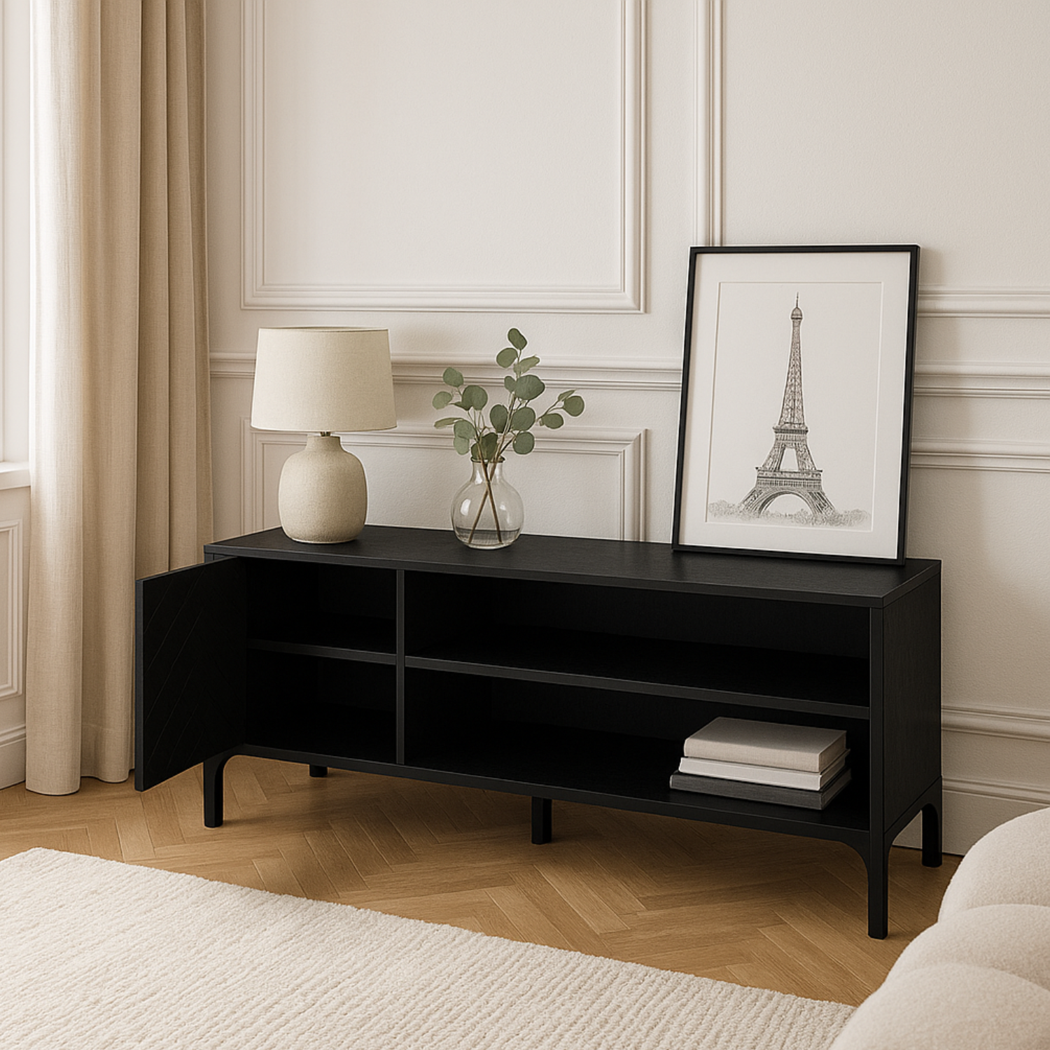 Meuble TV 135 cm – Noir mat avec façade motif chevrons
