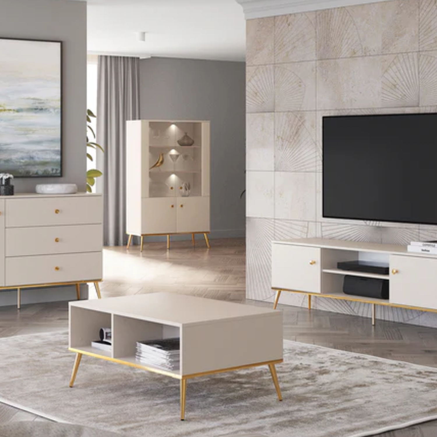 Table Basse  - Design Cachemire avec Pieds Dorés et Rangements Spacieux