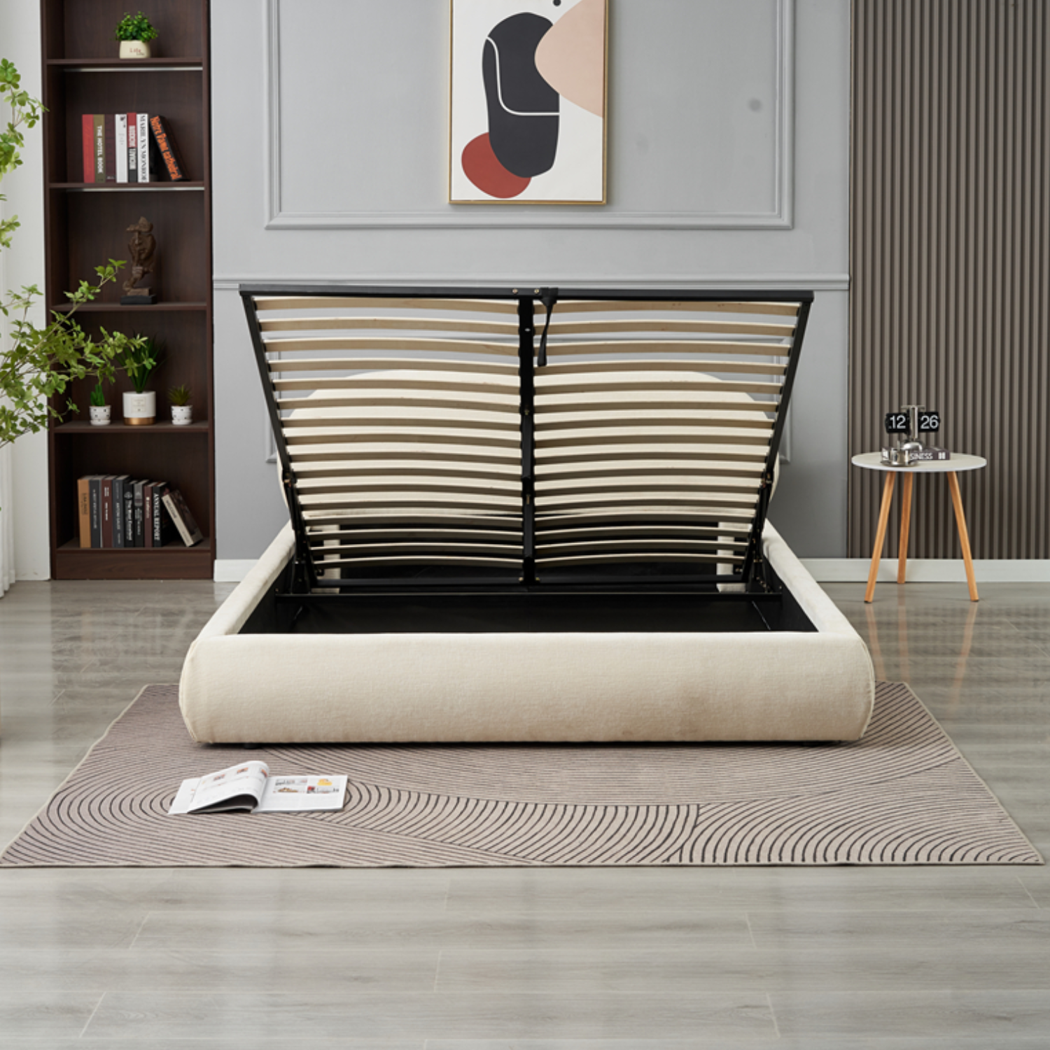 Lit coffre 2 places en Tissu chenille beige – Sommier à lattes avec rangement intégré– 140x190 & 160x200 cm