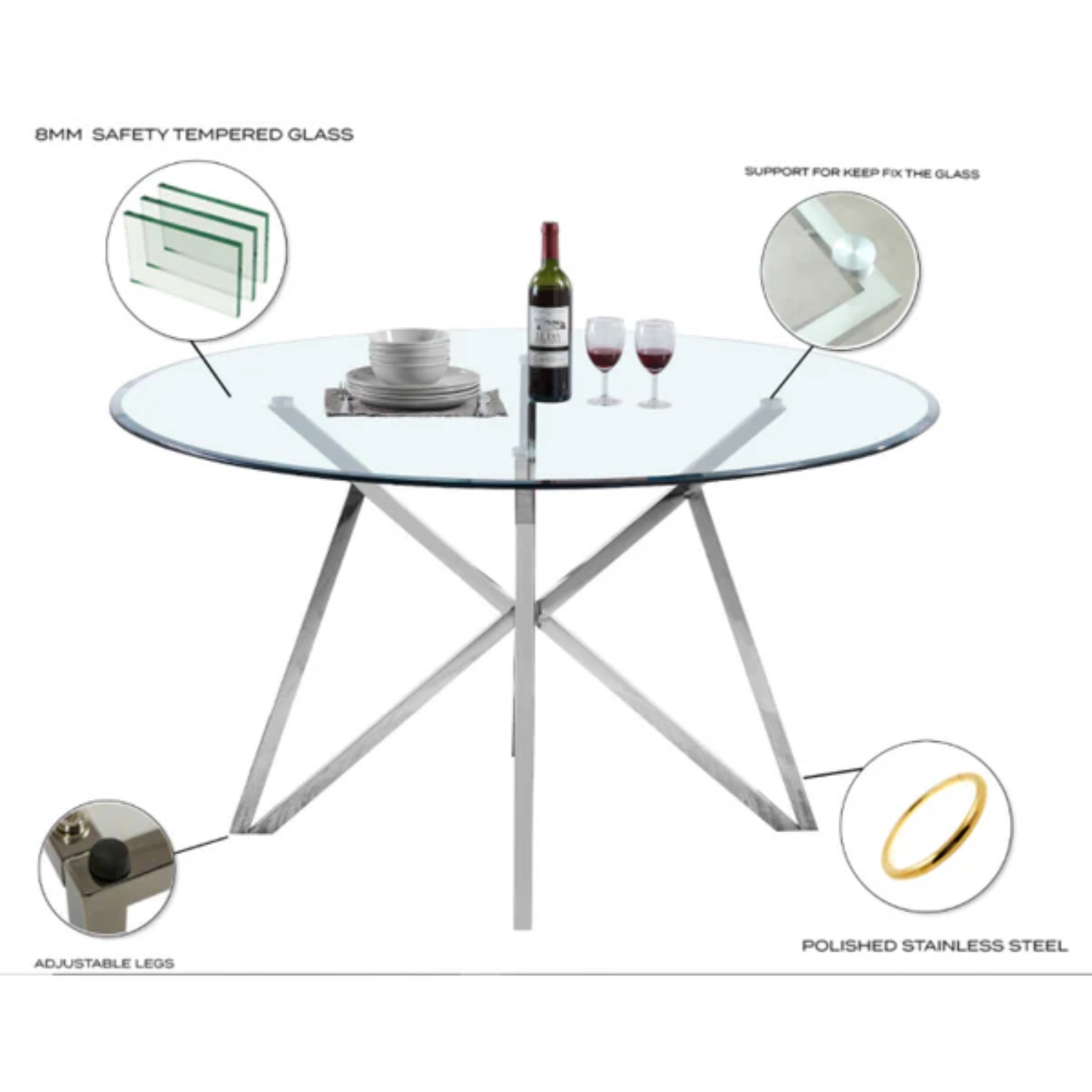 Table à manger avec plateau transparent et pieds en acier inoxydable.