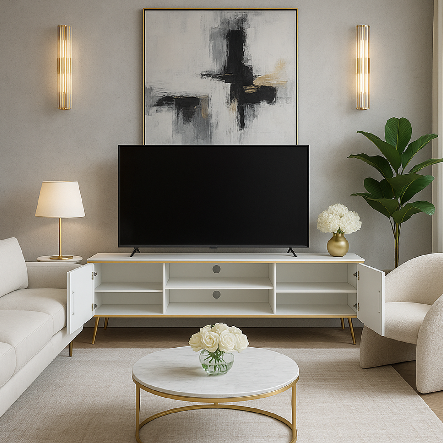 Meuble TV design moderne en bois blanc laqué mat & métal doré – rangement élégant
