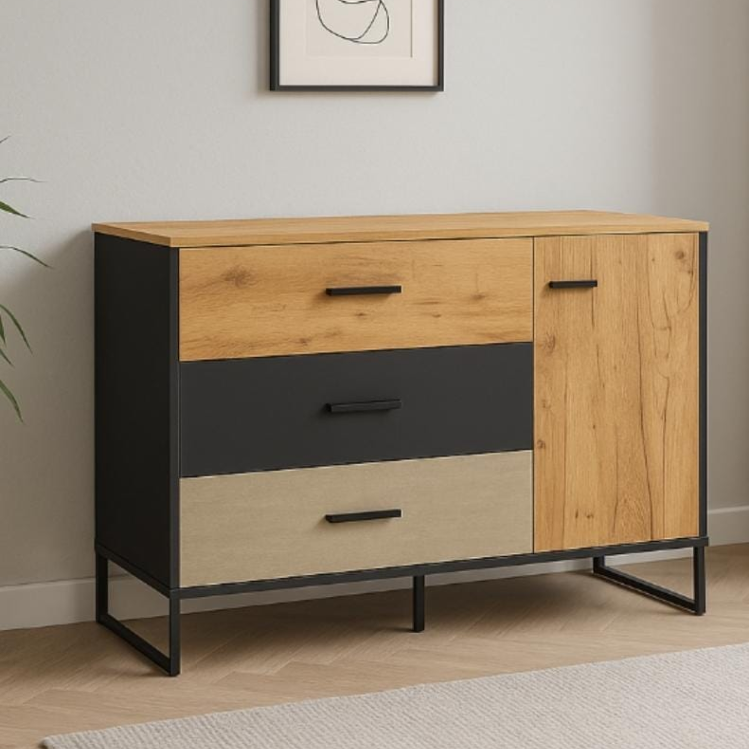 Buffet Design en Chêne Artisan Or et Noir – Tiroirs Renforcés à Extension Complète – Finition Acier Premium – 120 cm