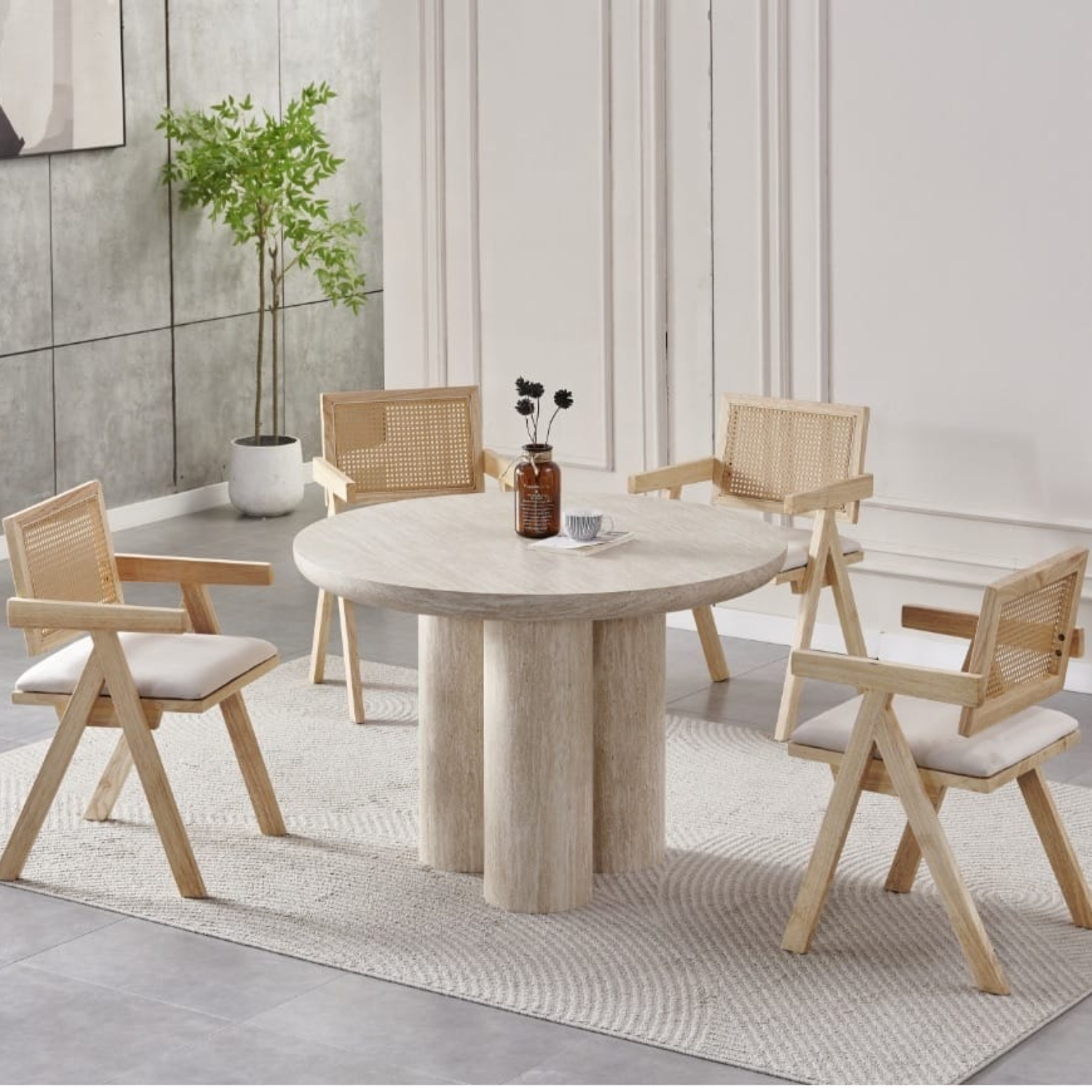 Table a manger  Effet Travertin  – Plateau et Piètement Bois MDF 110 cm