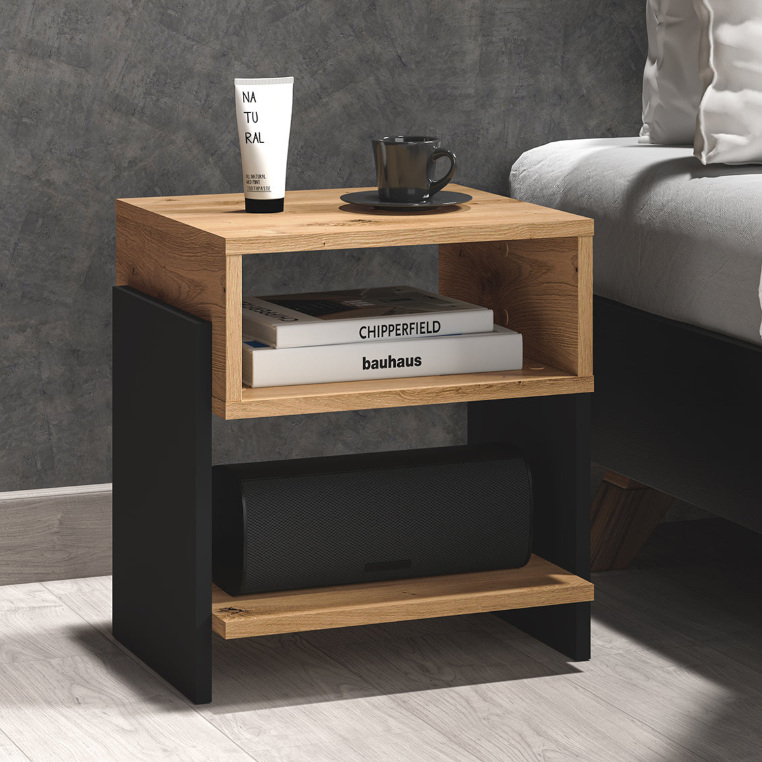 Table de chevet avec Bordure ABS - Résistance et Esthétique en Chêne Artisanal et Noir