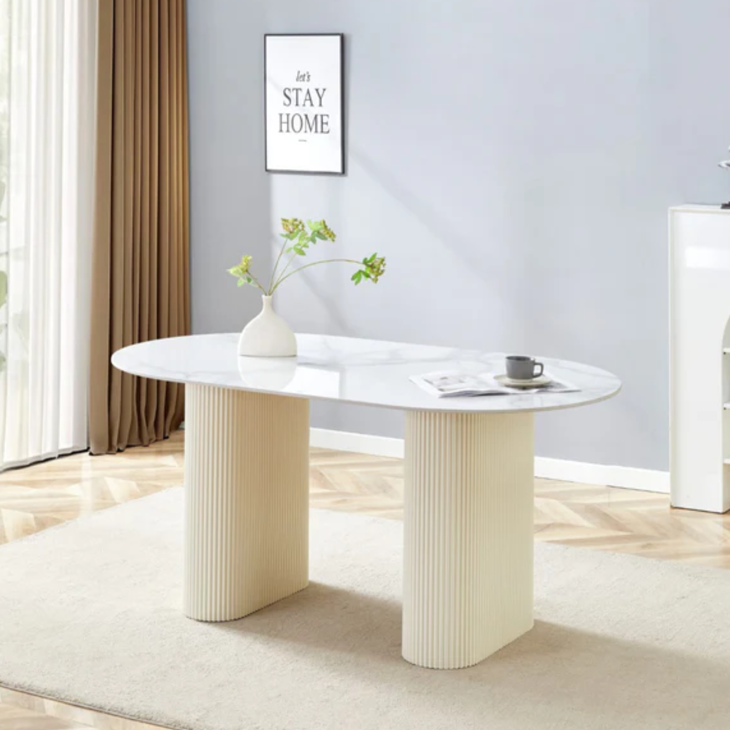 Table à manger - Plateau en céramique Travertin ou Marbre blanc, Pieds métalliques noirs ou beiges, 180x90cm