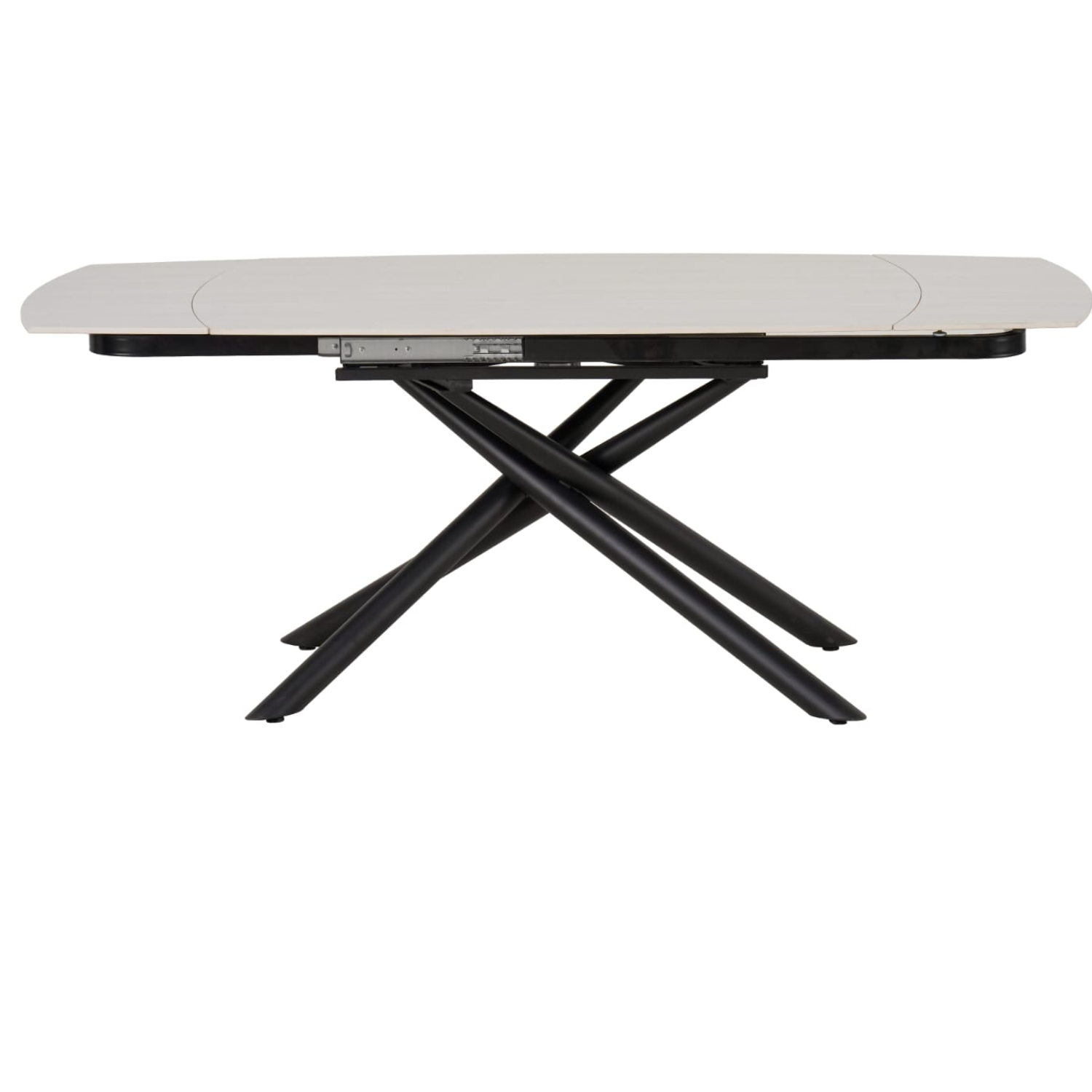 Table à manger extensible  – Plateau céramique travertin mat ou blanc – Pied métal noir –  129/189x89x76 cm