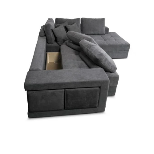Canapé d'angle convertible avec 2 poufs et coffre en tissu
