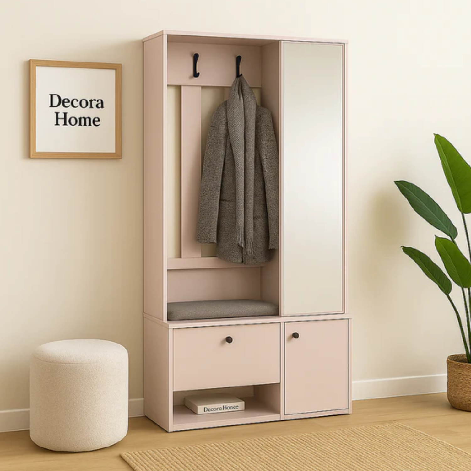 Placard d’entrée ZAYA avec miroir – 100 x 33 x 190 cm – meuble de couloir moderne avec étagères et cintre en métal